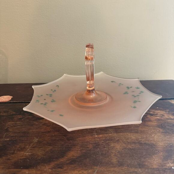 1930s Pink Depression Frosted Glass Handled Serving Tray Hand Painted Design - Picture 3 of 11
